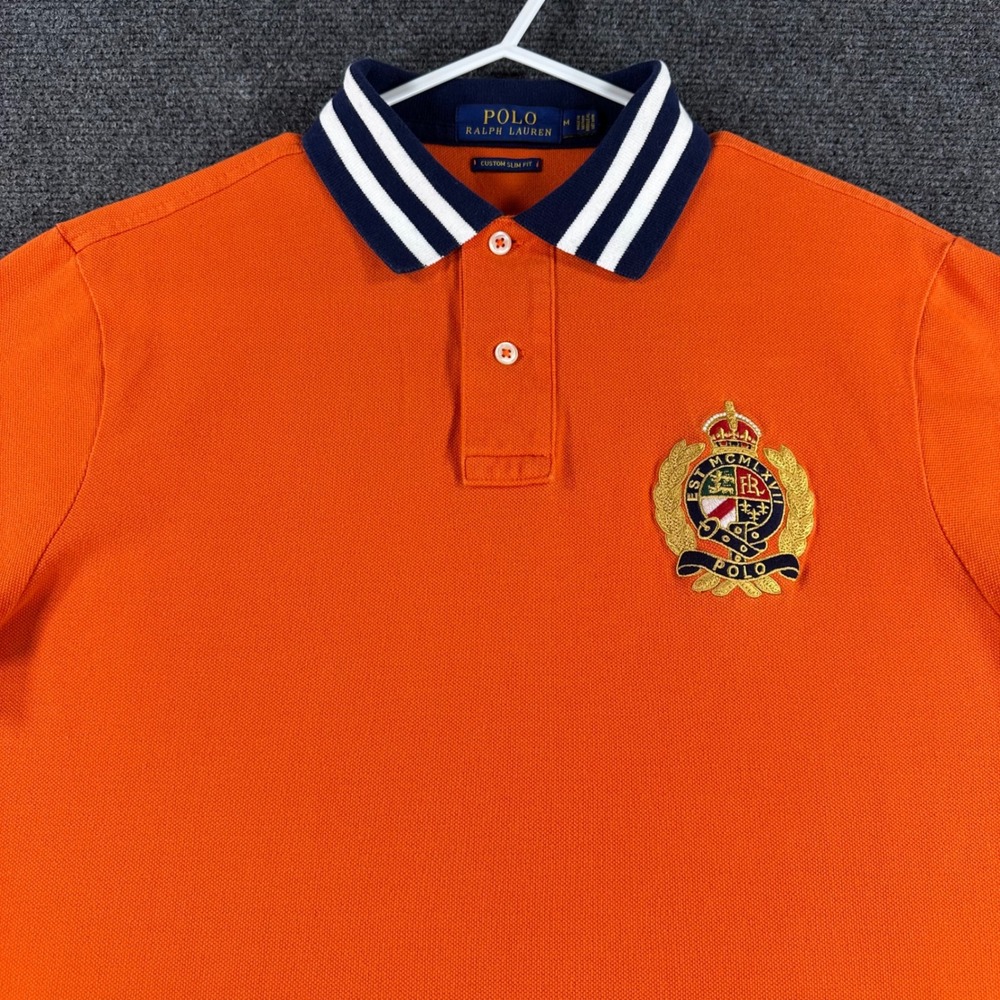 Polo Ralph Lauren Polo Shirt Mens M Medium Orange Crest Custom Slim Fit Pique - Picture 4 of 15
